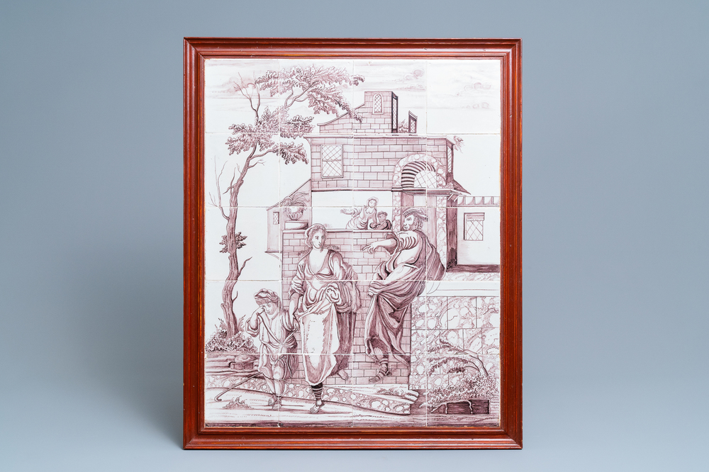 Un tableau de carreaux en fa&iuml;ence de Delft en mangan&egrave;se, atelier d'Aalmis &agrave; Rotterdam, Pays-Bas, 18&egrave;me